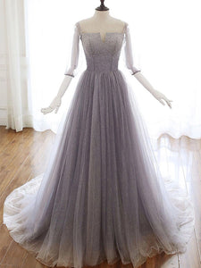 Off the Shoulder Unique Tulle A Line Prom Dress with Sleeves Chic Beaded Prom Evening Dress CTB1614|CathyProm
