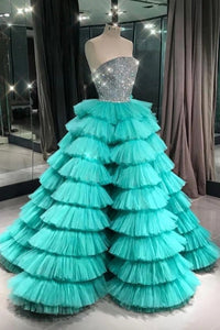 Ball Gown Sexy Strapless Blue Modest Tulle Ruffly Long Prom Dress Beaded Prom Evening Gown CTB1615|CathyProm