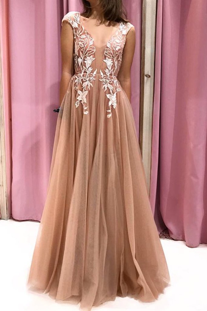 Cap Sleeves V Neck Open Back Champagne Lace Long Prom Dress, Evening D cathyprom Cap Sleeves V Neck Open Back Champagne Lace Long Prom Dress, Evening D cathyprom