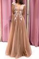 Cap Sleeves V Neck Open Back Champagne Lace Long Prom Dress, Evening Dress CMS211156
