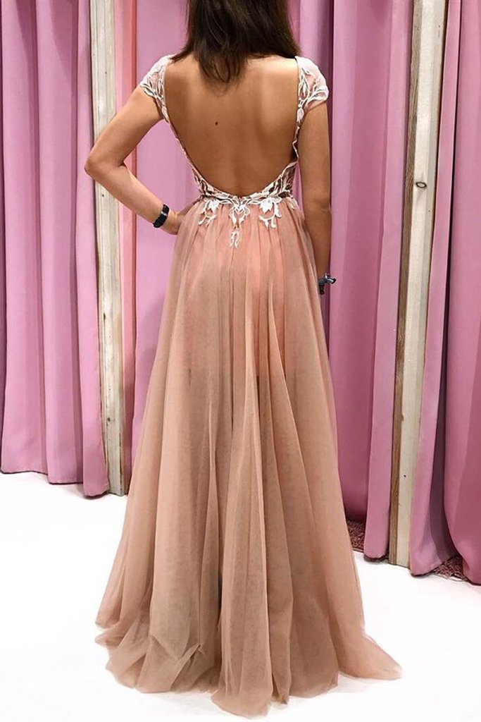 Cap Sleeves V Neck Open Back Champagne Lace Long Prom Dress, Evening D cathyprom Cap Sleeves V Neck Open Back Champagne Lace Long Prom Dress, Evening D cathyprom