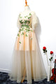 Champagne A Line Tulle V Neck Long Embroidery Lace Short Sleeves Evening Dress OHC469 | Cathyprom