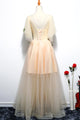 Champagne A Line Tulle V Neck Long Embroidery Lace Short Sleeves Evening Dress OHC469 | Cathyprom