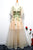 Champagne A Line Tulle V Neck Long Embroidery Lace Short Sleeves Evening Dress OHC469 | Cathyprom