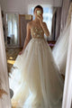 Champagne Tulle Beaded Long Prom Dress A-line Evening Dress RN1936