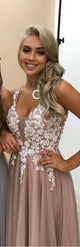 Charming A Line Spring V Neck Sleeveless Long Tulle Prom Dress Long Evening Dress OHC473