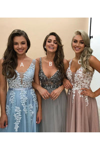 Charming A Line Spring V Neck Sleeveless Long Tulle Prom Dress Long Evening Dress OHC473 | Cathyprom