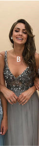 Charming A Line Spring V Neck Sleeveless Long Tulle Prom Dress Long Evening Dress OHC473