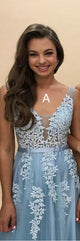 Charming A Line Spring V Neck Sleeveless Long Tulle Prom Dress Long Evening Dress OHC473