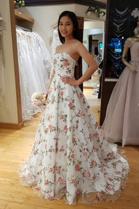 Charming A Line Strapless Sleeveless White Floral Tulle Long Prom Dress Evening Dress OHC433 | Cathyprom