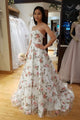 Charming A Line Strapless Sleeveless White Floral Tulle Long Prom Dress Evening Dress OHC433 | Cathyprom