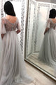 Charming A Line V Neck Beaded Long Tulle Prom Dresses Long Grey Prom Dress OHC503 | Cathyprom