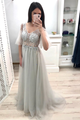 Charming A Line V Neck Beaded Long Tulle Prom Dresses Long Grey Prom Dress OHC503 | Cathyprom