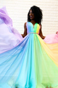 Charming A Line V Neck Floor Length Sleeveless Long Chiffon Prom Dresses OHC513 | Cathyprom