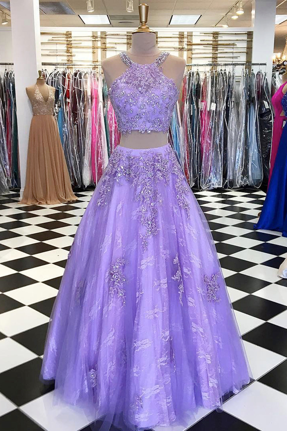 Charming Customize Two Pieces Strapless Lavender Lace Long Prom Dresse cathyprom Charming Customize Two Pieces Strapless Lavender Lace Long Prom Dresse cathyprom