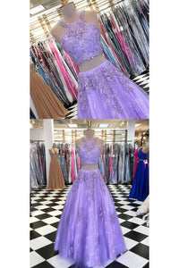 Charming Customize Two Pieces Strapless Lavender Lace Long Prom Dresses OHC478 | Cathyprom