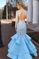 Charming Sky Blue Lace Long Sleeve Mermaid Open Back Formal Prom Dress Evening Dress OHC410 | Cathyprom