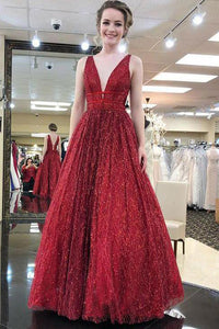 Cheap A Line Burgundy Sequins Prom Dress Long V Neck Sleeveless Prom Dress OHC451 | Cathyprom