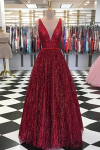 Cheap A Line Burgundy Sequins Prom Dress Long V Neck Sleeveless Prom Dress OHC451 | Cathyprom