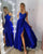 Cheap A Line Floor Length Applique Slit Royal Blue Prom Dress Evening Dress OHC457 | Cathyprom