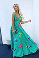 Cheap A Line V Neck Floor Length Sleeveless Green Satin Floral Long Prom Dress OHC465 | Cathyprom