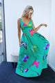Cheap A Line V Neck Floor Length Sleeveless Green Satin Floral Long Prom Dress OHC465 | Cathyprom