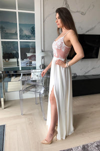 Cheap Elegant A Line Spaghetti Strap Sleeveless Split Applique Long Prom Dresses OHC456 | Cathyprom