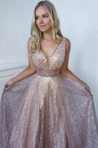 Chic Bling A Line Deep V Neck Champagne Prom Dresses Evening Dresses with Sequins OHC436 | Cathyprom