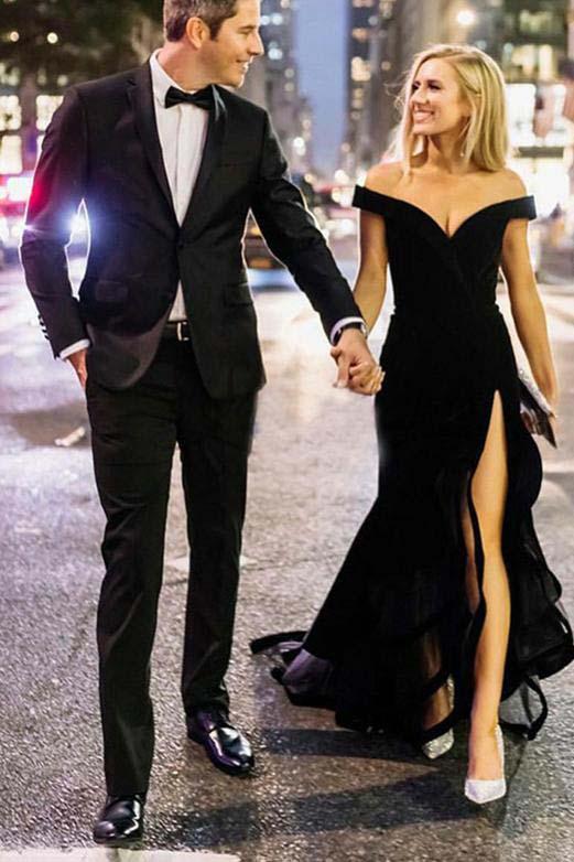 Chic Off the Shoulder Short Sleeves V Neck Long Black Prom Dresses Wit cathyprom Chic Off the Shoulder Short Sleeves V Neck Long Black Prom Dresses Wit cathyprom