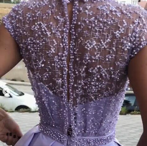 Chic Satin Short Sleeve Scoop Split Beads Purple Slit Open Back Long Prom Dresses CAW61