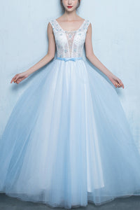 Cute A Line Scoop Neck Long Blue Chiffon Tulle Prom Dress Party Dresses OHC494 | Cathyprom