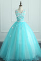 Cute A Line V Neck Blue Tulle 3D Flower Long Sweet Prom Dresses OHC488 | Cathyprom