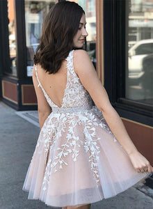 A Line Lace Appliques Sashes Beaded Homecoming Dresses Tulle Short Prom Party Gown DKL1120|CathyProm