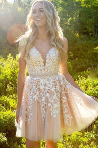 A Line Lace Appliques Sashes Beaded Homecoming Dresses Tulle Short Prom Party Gown DKL1120|CathyProm