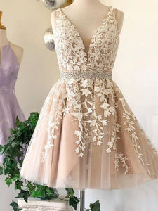 A Line Lace Appliques Sashes Beaded Homecoming Dresses Tulle Short Prom Party Gown DKL1120|CathyProm