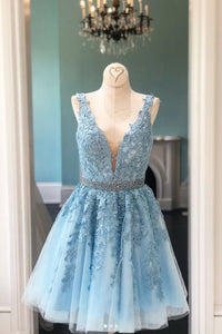 A Line Lace Appliques Sashes Beaded Homecoming Dresses Tulle Short Prom Party Gown DKL1120|CathyProm