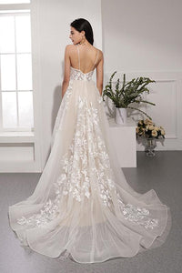 Gorgeous A Line V Neck Sweep Train Sleeveless White Long Wedding Dresses OHD111 | Cathyprom