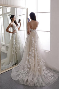 Gorgeous A Line V Neck Sweep Train Sleeveless White Long Wedding Dresses OHD111 | Cathyprom