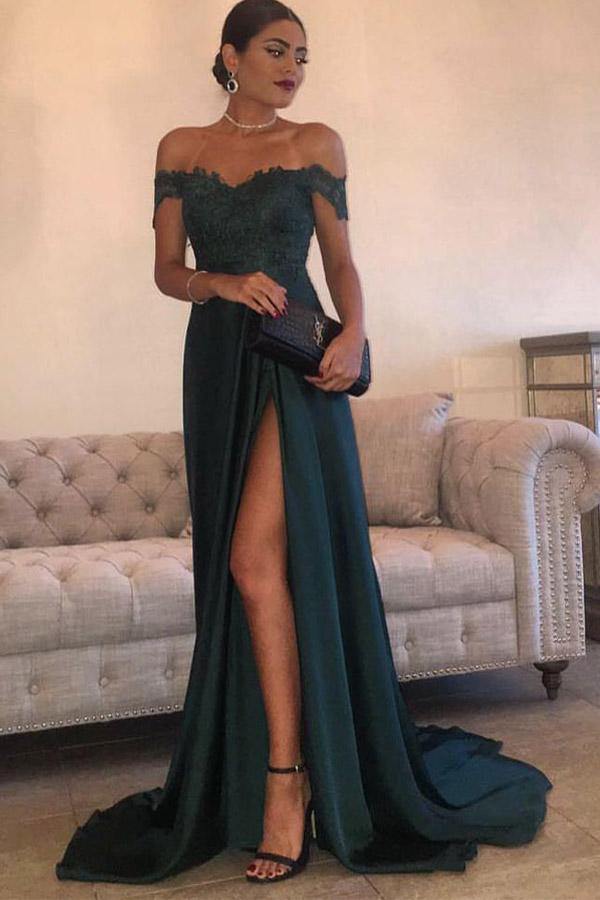 Sexy Dark Green Off-The-Shoulder Split Prom Dresses, Evening Dresses Y cathyprom Sexy Dark Green Off-The-Shoulder Split Prom Dresses, Evening Dresses Y cathyprom