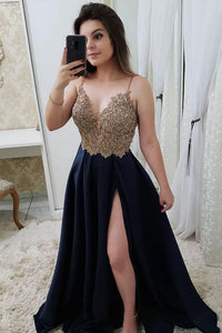Dark Blue Sweetheart Lace Appliques Satin Long Prom Dress FG4082