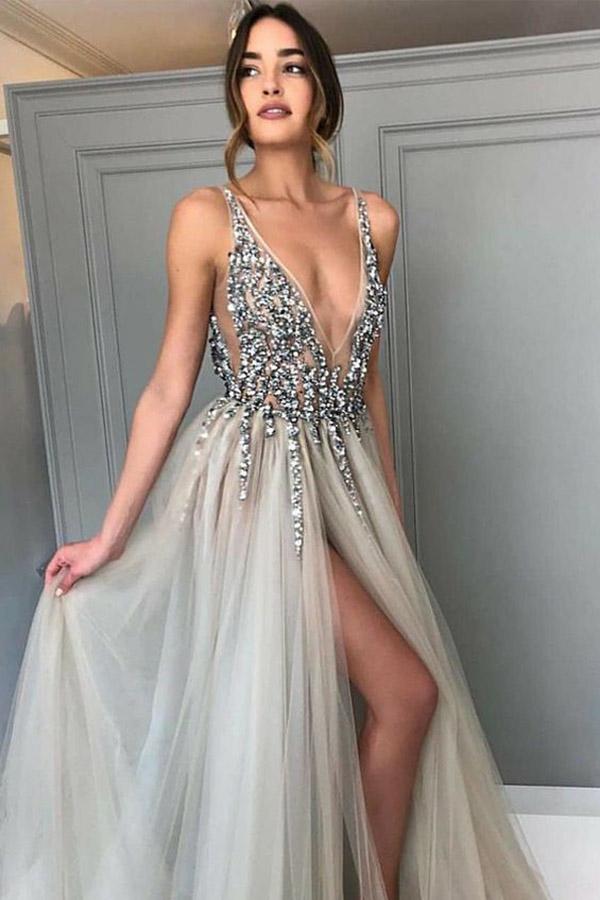 Deep V-Neck Backless Split Sweep Train Prom Dress With Beading, Evenin cathyprom Deep V-Neck Backless Split Sweep Train Prom Dress With Beading, Evenin cathyprom