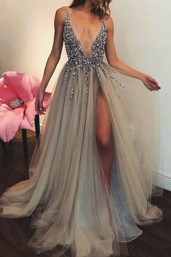 Deep V-Neck Backless Split Sweep Train Prom Dress With Beading, Evenin cathyprom Deep V-Neck Backless Split Sweep Train Prom Dress With Beading, Evenin cathyprom