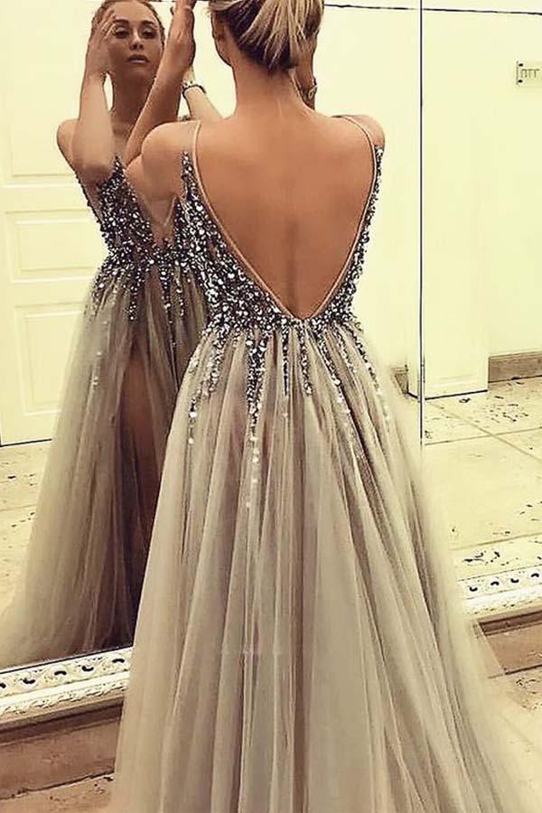 Deep V-Neck Backless Split Sweep Train Prom Dress With Beading, Evenin cathyprom Deep V-Neck Backless Split Sweep Train Prom Dress With Beading, Evenin cathyprom