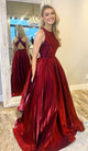 A-Line Burgundy Halter Long Prom Dress with Cross Back XC1427