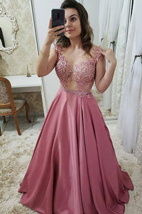 Elegant A Line Pink Round Neck Sleeveless Lace Long Satin Prom Dress Evening Dress OHC470 | Cathyprom