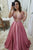 Elegant A Line Pink Round Neck Sleeveless Lace Long Satin Prom Dress Evening Dress OHC470 | Cathyprom