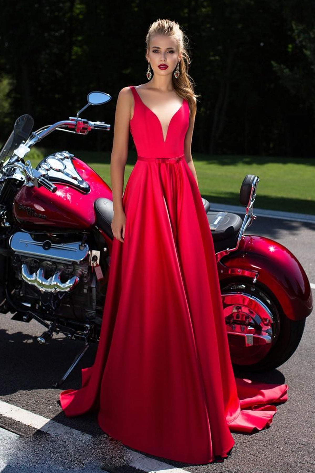Elegant A Line Red See Through Back Long V Neck Prom Dresses Evening D cathyprom Elegant A Line Red See Through Back Long V Neck Prom Dresses Evening D cathyprom