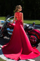 Elegant A Line Red See Through Back Long V Neck Prom Dresses Evening Dresses OHC486 | Cathyprom