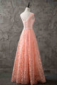 Elegant A Line Tulle V Neck Satin Lace Up Long Prom Dresses Formal Dresses OHC498 | Cathyprom