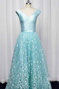 Elegant A Line Tulle V Neck Satin Lace Up Long Prom Dresses Formal Dresses OHC498 | Cathyprom